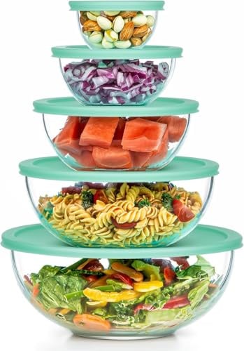 Vtopmart Set di 5 insalatiere con coperchio, impilabili in vetro, 3,3 l, 2 l, 1 l, 0,47 l, 0,19 l, senza bisfenolo A, lavabili in lavastoviglie e forno a microonde (senza coperchio), per insalata