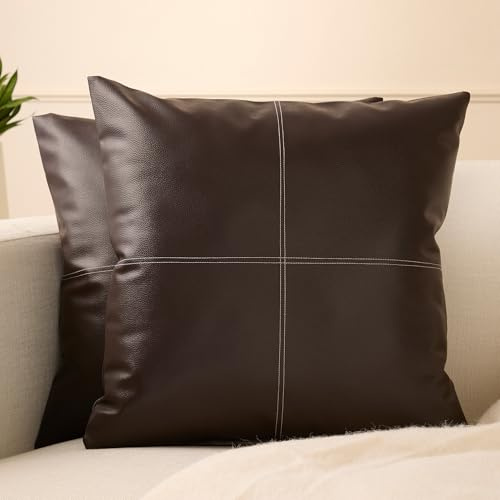 Encasa XO Kunstleder Kissenbezug, ohne Füllung 50x50 cm | Dunkelbraune Naht, Wasserabweisend & Wetterfest | Versteckter Reißverschluss | | 2er Set