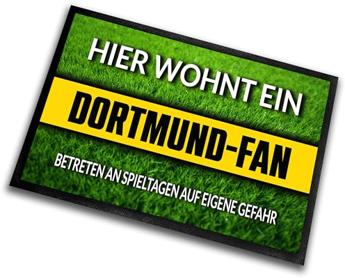 Fußmatte Rasenoptik für Fußball Fans | Hier wohnt ein Dortmund Fan - Betreten an Spieltagen auf eigene Gefahr! | Türmatte mit Spruch | 60x40cm | für innen und außen | Vorleger für Haustür / Flur