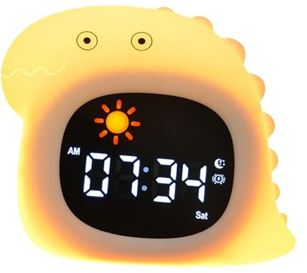 Longben Niedlicher Tierwecker mit Nachtlicht, Katze/Hund/Eule/Wolke/Dinosaurier Digitaluhr, SleepTrainer Zeituhr, Einstellbare Helligkeit, Perfekter Schlafbegleiter für Jungen Mädchen (Dinosaurier)