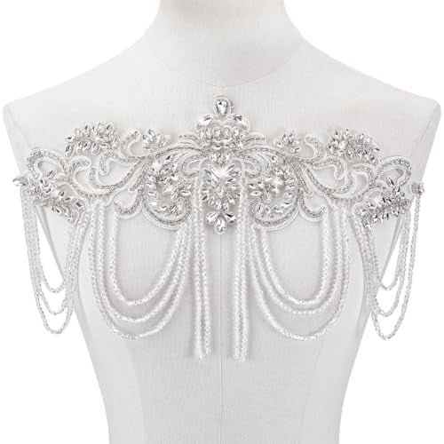 PH PandaHall Rhinestones Applikationen Weiße Perlenapplikationen Verzierungen Applikationsflicken Mit Kristallperlen Strasssteine zum Aufkleben Für Die Taillendekoration Des Hochzeitskleids 34x21cm