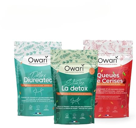 OWARI Pack Ventre Plat - 1x Diuretea, 1x Slim Tea, 1x Queue de Cerises - Pack de Tisane Drainante pour Réduire la Retention d'Eau - Tisane Perte de Poids et Transit Intestinal - 3x 100 g