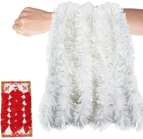 GWAWG Christmas Decorations 10m Thick White Tinsel with 12 Red Bow for Christmas Tree Decoration, Trimmable Metallic Garland for Home Stairs Door Decor