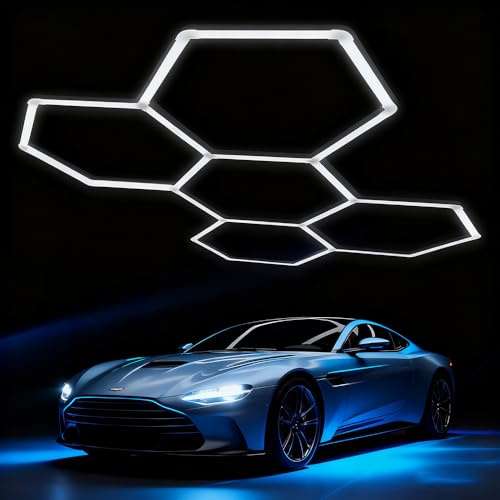 Hexagon LED Lights, 5 Grids DIY led Honeycomb Ceiling Light, 6500K Ultra Bright for Car Detailing Garage Workshop Retail Light Honeycomb