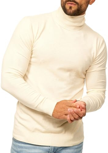 behype. Herren Rollkragenpullover als Strickpullover in Feinstrick - Langarmshirt Pulli Slim-Fit - Winterpullover Rollkragenshirt - Casual & Business Rolli DC_2800-Creme-L