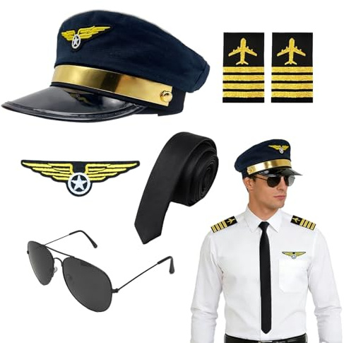 GYIOFAI 6-teiliges Kostüm-Set für Fluglinienpiloten, Kapitänshut, Halloween-Kostüm, Piloten-Kostüm, Fliegerhut, Armband, Abzeichen, Brille, für Cosplay, Kostümparty