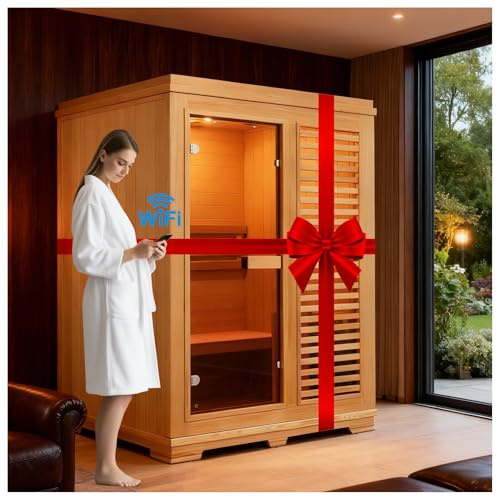Amocane Wood Steam Sauna with WiFi Control, 2-4 Person Canadian Hemlock Home Sauna Traditional Luxurious Wooden Indoor Spa with 6KW Heater, Speaker, Rocks, Bucket, 220V(180x120x190)