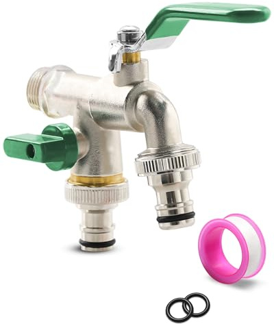 Doppio Rubinetto da Giardino 1/2 - Rubinetti in Ottone con Doppio Connettore per Giardino, Lavatrice, Pioggia Barile