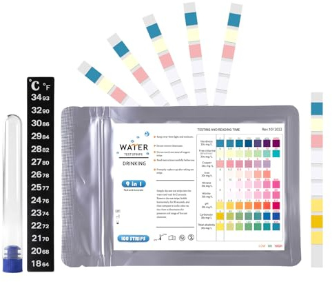 9-in-1 Aquarium Test Strips, 100PCS Fish Tank Water Test Kit for Carbonate Hardness Nitrate Nitrite Free Chlorine Iron Total Alkalinity Ph Copper, for Pools Pond, with Test Tube and Dropper Included