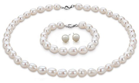 Treasure Bay Parure di gioielli da donna – elegante 8 – 9 mm a forma di riso perle d'acqua dolce collana bracciale e orecchini con perle in bianco, nero, grigio, rosa e multicolore