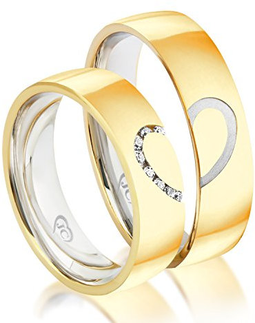 JC Trauringe 925er Sterling Silber Paarpreis I Eheringe mit gratis Gravur & Herz-Form I Verlobungsringe Gold Plattiert 5,5 mm breit mit Etui-Box I Damen-Ring mit 8 Steinen I Gr. 48 bis 72 I JC004
