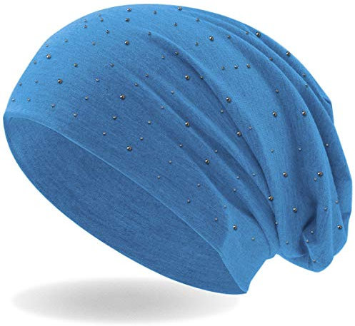 Damen Beanie Mütze | mit edler Strass Nieten Applikation | Mädchen Mütze | elastisches Slouch Long Beanie | leicht und weich (Hellblau)