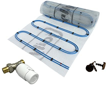 Dünnbett Warmwasser Fußbodenheizung HoWaTech Duo Komplett Set 2,5-20m² Doppelrohr Heizmatte 80 W/m² und RTL-Ventil, Heizfläche:15.00m²