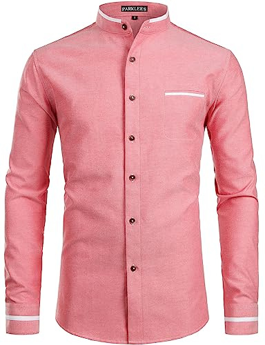 PARKLEES Mens Hipster Design Grandad Collar Oxford Shirt Slim Fit Long Sleeve Casual Button Down Dress Shirts with Pocket Red XL