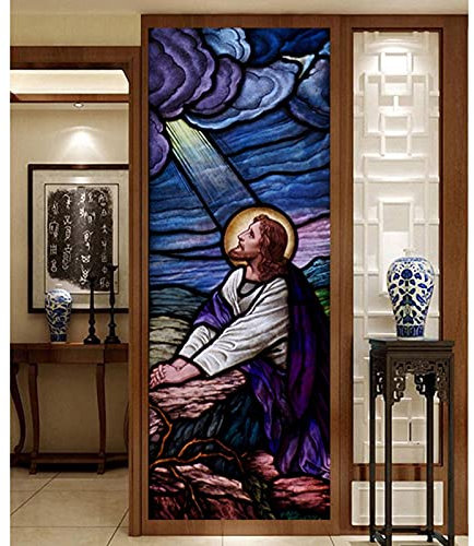 Siunwdiy Kunst-Fenster-Folie Buntglas-Büro-Fenster Film Self-Adhesive: Bunt Glas Papier Fensterdekorfolie Kirche Figuren 3D Jesus Glas-Aufkleber,A Opaque,70x140cm