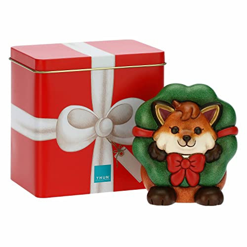 THUN - Volpe Grace con Ghirlanda e Scatola in Latta - Ceramica, Latta - Linea Natale - Living, Arredare la Casa - 9x7,8x10 cm h