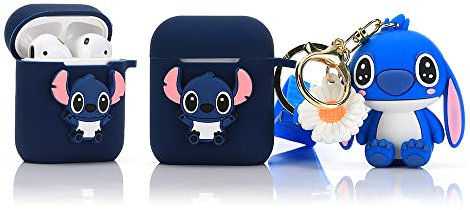 Derhom Silikon Niedliche Lustige Abdeckung Kompatibel mit Apple Airpods 1&2 [Cartoon Belt Doll-Serie] (Stitch)