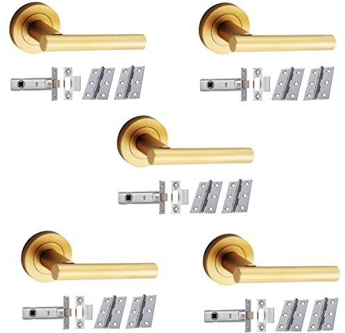 Infinity Decor 5 Set T-Bar Satin Brass Lever On Rose Internal Door Handles - Latch & Hinges Pack