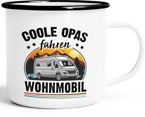 Moonworks® Emaille-Tasse Camping Home is where the Stellplatz is Geschenke für Camper Wohnmobil Spruch lustig emaille-weiß-schwarz standard
