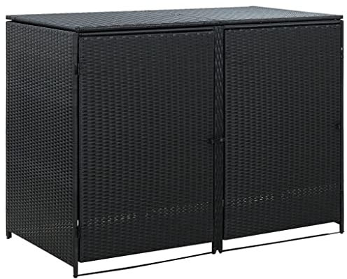Hommdiy Mülltonnenbox 2er Mülltonne Müllbox Mülltonnenverkleidung Doppelbox Müllcontainer Gerätebox Poly Rattan Schwarz