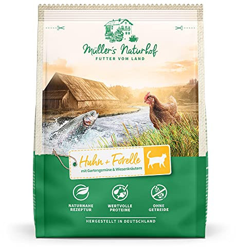 Müllers Naturhof - Huhn und Forelle - 6 x 400 g - Trockenfutter für alle Katzenrassen - Katzenfutter