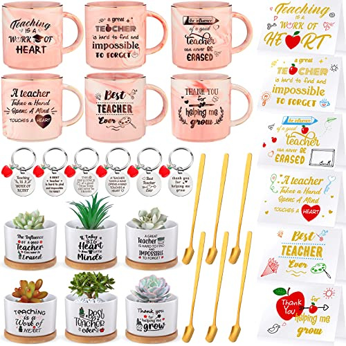 Hotop 30 Pieces Teacher Appreciation Gift Sets Include Funny Teacher Succulent Plant Pot Teacher Coffee Tea Mugs Key Chain Teacher Greeting Card for Teacher Retirement Gifts Teacher Thanks Gift