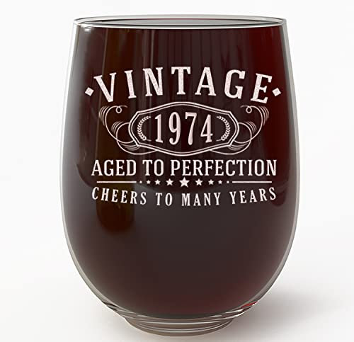 Vintage 1974 Etched 17oz Stemless Wine Glass - 51st Birthday Gifts for Women - Cheers to 51 years old - 51st decorations for her - Best Engraved Wine Gift ideas Friend Mom - Sister 2.0