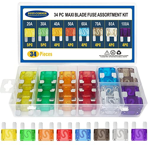 Maxi Blade Fuse Assortment Car Fuse 20A 30A 40A 50A 60A 70A 80A 100A Maxi Auto Fuse Kit BUSY-CORNER 34 Pieces