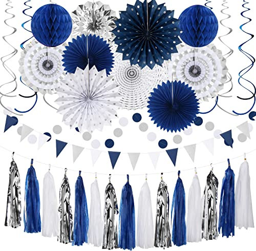 Navy-Blue White-Silver Graduation Party-Decorations,33pcs Kits Banner, StreamersTassel Garland,Tissue Pom Poms Honeycomb, Paper Lantern Fans,Wedding Birthday Baby Shower Backdrop Ceiling Decor Hugtmr