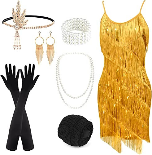 PLULON Femme années 1920 Gatsby Paillettes à Franges Vintage Flapper Robe Cocktail Robe de Soirée avec Accessoires des Années 20 Costume Ensemble pour Soirée Bal (Or)