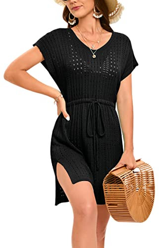 Timuspo Women's Beach Cover Up Mini Crochet Hollow Out Bikini Cover Up Black Swimsuit Bathing Suit Swimwear Summer Beach Dress