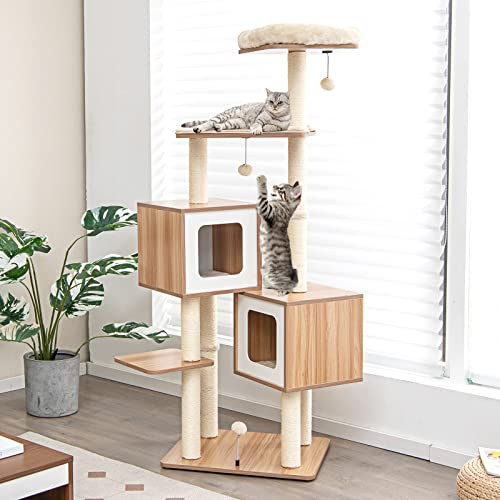 COSTWAY Kratzbaum Holz 163 cm, 6-stöckiger Katzenbaum Groß, Katzenkratzbaum mit 2 Höhlen & 2 Matten & 3 Spielbällen, Kletterbaum für Hauskatzen, Katzenmöbel Katzen Aktivitätsbaum, Beige+Natur