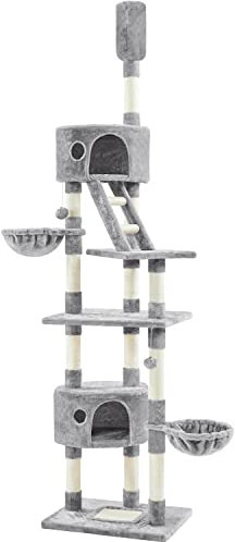 Yaheetech Floor to Ceiling Cat Tree, 228-255cm Height Adjustable Tall Tower for Indoor Cats, Scratching Post with Condos Baskets and Ladder