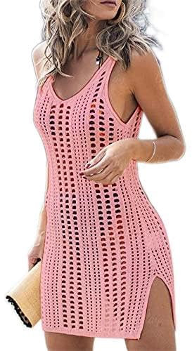 Copricostume Donna Mare Vestito da Spiaggia con Crochet Abiti da Spiaggia Copri Costume Donna Estivo Copricostumi da Bagno Sexy Bikini Cover Up Senza Maniche (Rosa, S)