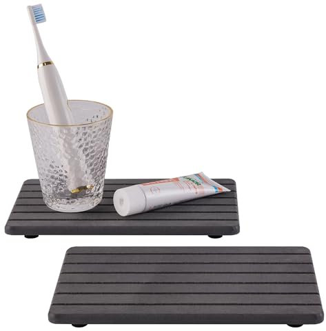 2 Stück wasserabsorbierende Kieselgur-Untersetzer, rechteckig (24 x 14 cm), gerilltes Design, wasserabsorbierender Stein für Handseifen, Pflanzen und Toilettenartikel im modernen Zuhause, dunkelgrau