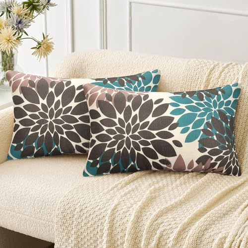 Velvhom Kissenbezüge Dekokissen Modern Kissenhülle Leinen Kissenbezug 30x50cm Sofakissen Braun und Blaugrün Dahlie Blumen Couchkissen Deko für Sofa Schlafzimmer Wohnzimmer Balkon 2er Set