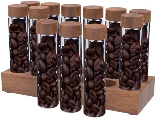 12PCS Single Dose Coffee Bean Storage Tubes with Wooden Stand Portable Coffee Bean Container Sealed Glass Test Tubes Empty Coffee Bean Storage Jar with Lid for Grounds Coffee,Beans&tea (20-22g)
