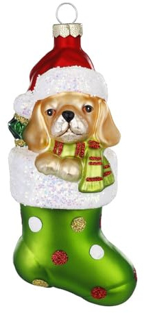 Christbaumschmuck Hund Katze Tiere | Süße Weihnachtsbaumfigur aus Glas | 14cm Christbaumfigur (Hund grün)