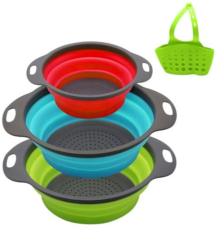 ABRVUAHM Collapsible Colander Set of 3 with a Hanging Colander, Silicone Kitchen Strainers with Plastic Handles, 2 pcs 11.6in and 1 pcs 9.6in Sink Colander for Draining Pasta, Vegetables, Fruits