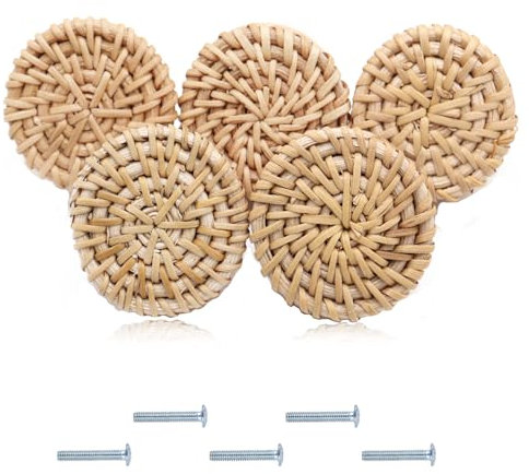 Qxsuse Cómoda de Ratán Perillas para Gabinetes, 5 Piezas de Ratán, Perillas Redondas de Madera para Cajones, Perillas para Muebles para Gabinetes, Cajones, Sala de Estar, Cocina