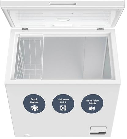 SCHOEPF – GT200S Gefriertruhe 199 L – Weiß – 83,5 x 82,3 x 55,6 cm – Energieklasse E – Schnellgefrieren – 39 dB – 200 kWh/Jahr – 4-Sterne-Kennzeichnung – Freistehend