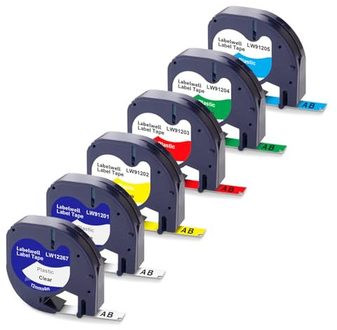 Labelwell 6x Kompatible für Dynmo Etikettenband 12mm x 4m für Dynmo XR 200B LT100H LT110T LT100T QX50 XM 2000 80 für 16951 91221 91222 91223 91224 91225 Schriftband