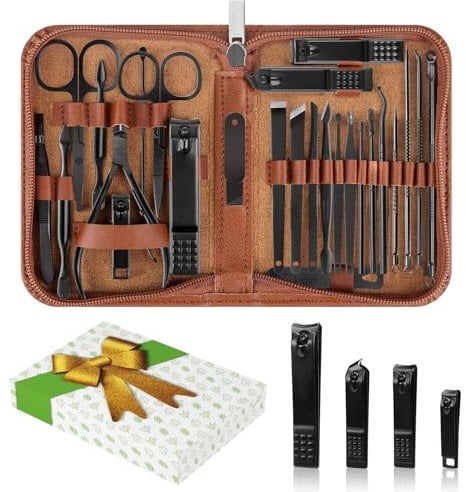 26-teiliges Maniküre Pediküre Set Nagelset - ACYOUNG Nagelknipser, Professionelle Edelstahl-Nagelpflege-Werkzeuge mit Ledertasche für Zuhause, Reisen (gelb-braun)