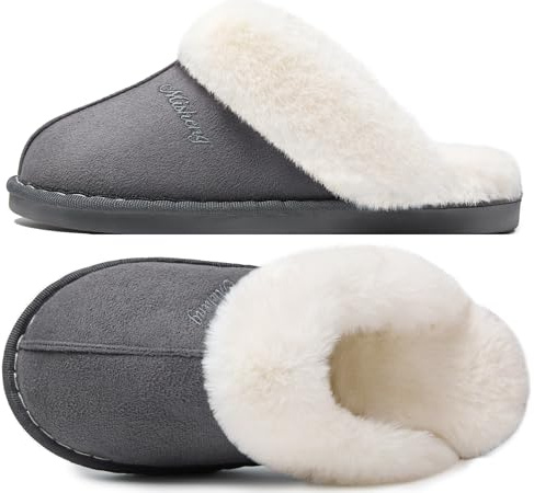 Donpapa Hausschuhe Damen Herren Winter Warme Plüsch with Memory Foam Faux Lammfell Pantoffeln Flauschige Rutschfeste Slippers Indoor Outdoor Dunkelgrau 36.5-38