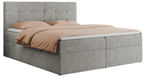 MKS MEBLE Boxspringbett 140x200 mit Bettkasten und Matratze H3, Polsterbett 140x200 mit Bettkasten, Bett 140x200 mit Stauraum und Topper - Centos - Hellgrau Struktur