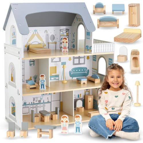 Mamabrum Casa de Muñecas Madera con 3 Niveles y Terraza - Casa de Muñecas Madera 70,4cm con 5 Habitaciones, Muebles y Accesorios - Juguete Infantil en Colores Sutiles