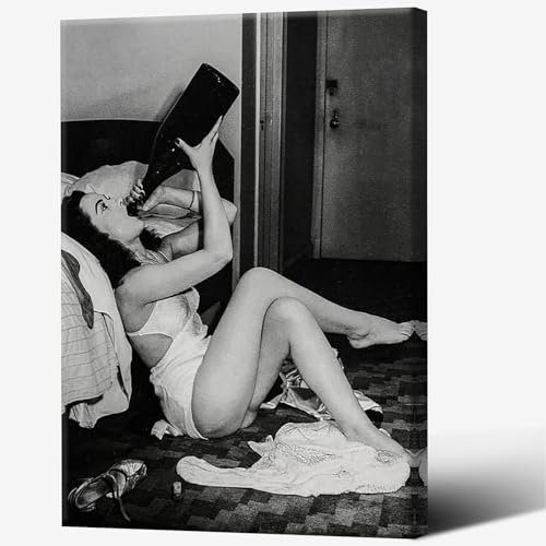 ZHIXQMG Retro Black And White Wall Art Woman Drinking Champagne Poster Woman With Big Champagne Bottle Canvas Wall Art Feminist Wall Art Prints Painting For Girl Room Bar Decor 12x16in Framed