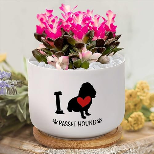 Yelolyio I Love Basset Hound Planters Ceramic Pet Dog Round Flower Pots with Drainage Holes And Bamboo Tray Plant Pot for Outdoor Indoor Plants House Warming Gifts