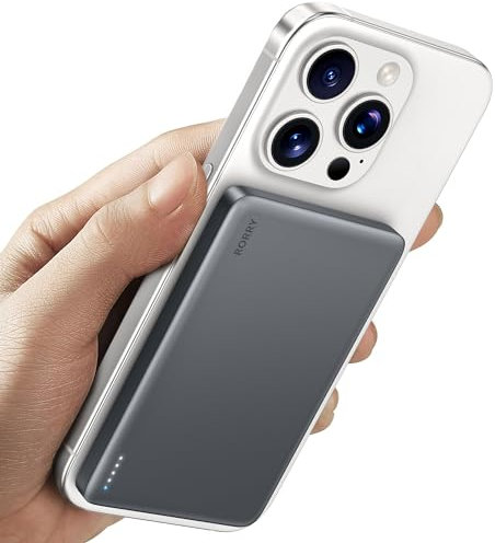 RORRY Power Bank per Magsafe, 5000mAh PD 18W 8.6mm Ultra Sottile Magnetico Powerbank, USB C in & Out Wireless Portatile Batteria Esterna con iPhone 16 Pro Max 15 Pro 14 13