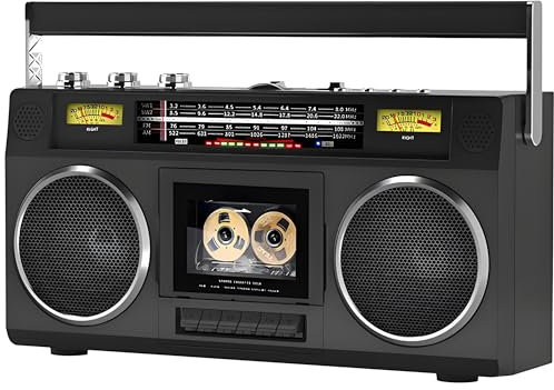Tragbarer Kassettenspieler Boombox, 40W Casette Bluetooth Tape Player Mit 4 Großen Lautsprechern, Retro AM/FM / SW1 / SW2 Radio Stereo, 3,5mm Aux Port, 6000 MAh, VU Uhr Beleuchtung Design, Für Senio
